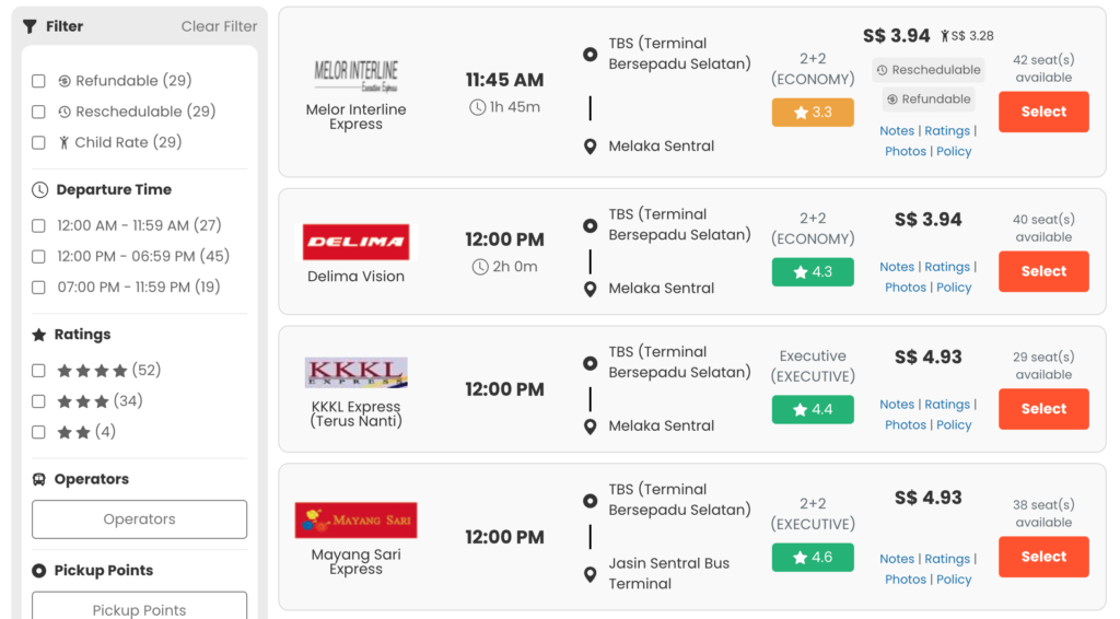 BusOnlineTicket.comの検索結果画面のキャプチャ