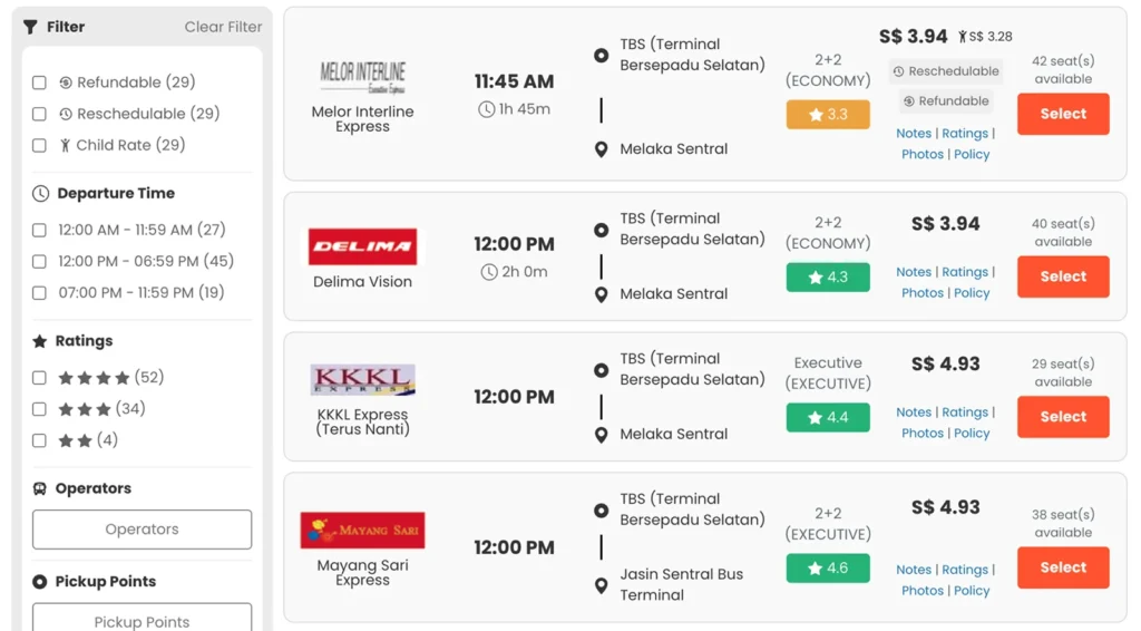 BusOnlineTicketの検索結果画面