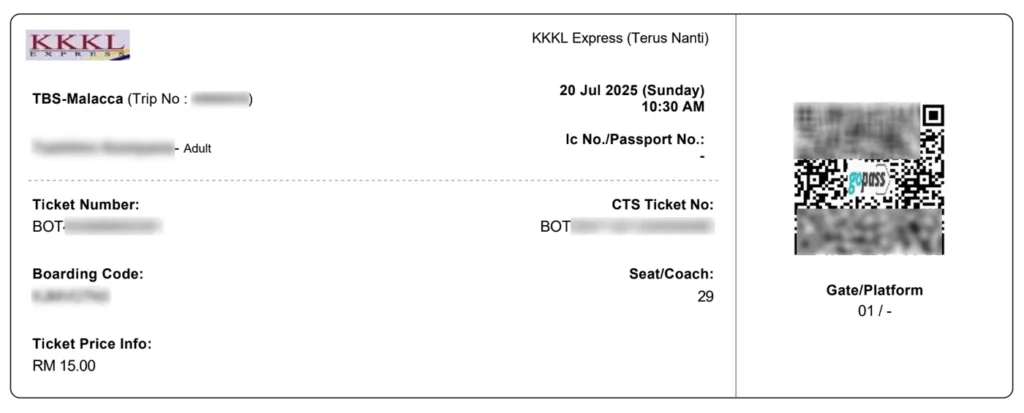 クアラルンプールからマラッカ行きのチケット gopassのQRコードつき Bus Ticket KL to Melaka with QR code