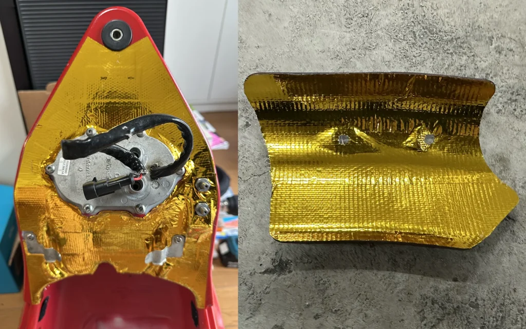 Ducati 1098S エキパイ ヒートガードとガソリンタンク裏の金色Reflect-A-GOLD遮熱テープ