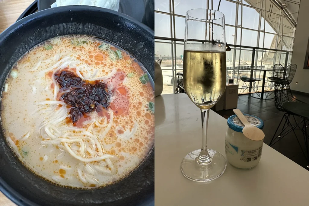 香港国際空港キャセイパシフィック ザ・ウィングのヌードルバーで提供される担々麺とシャンパン